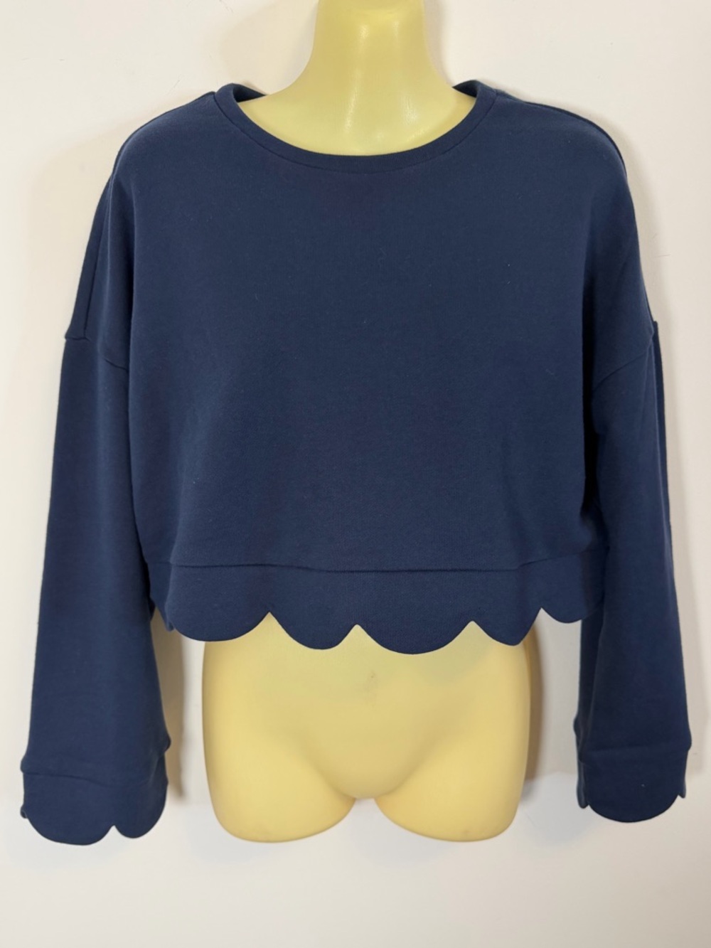 English Factory Scalloped Hem Navy Cropped Sweatshirt